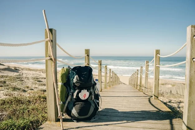 mochila de peregrinos com conchas na praia 418500 1889
