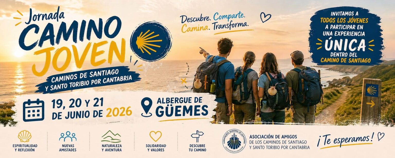 Promotional banner for Camino Joven: a group of young hikers with backpacks at sunset along the Cantabrian coast; dates 19–21 de junio de 2026, at Albergue de Güemes.