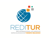 Logo for REDITUR — Red Internacional de Agencias Especializadas en Turismo Religioso — featuring a blue globe with grid lines and four colored squares, plus the 'REDI TUR' text.