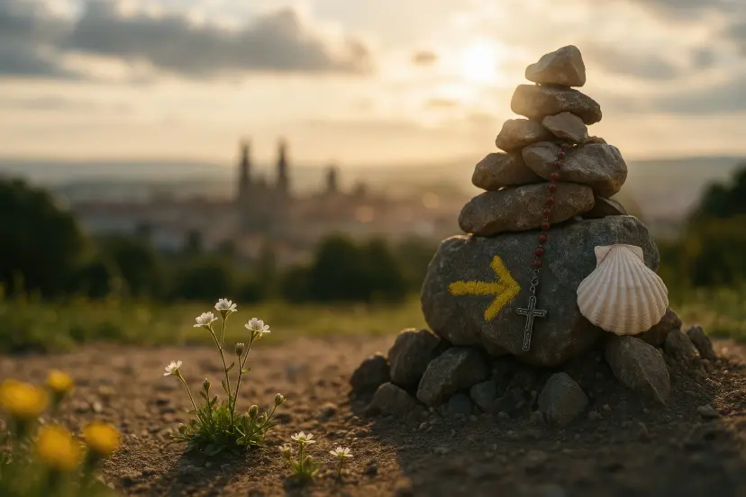 painted-stone-with-yellow-arrow-cairns-shells-and-rosaries-as-symbols-of-faith-on-the-pilgrimage-to-santiago-de-compostela