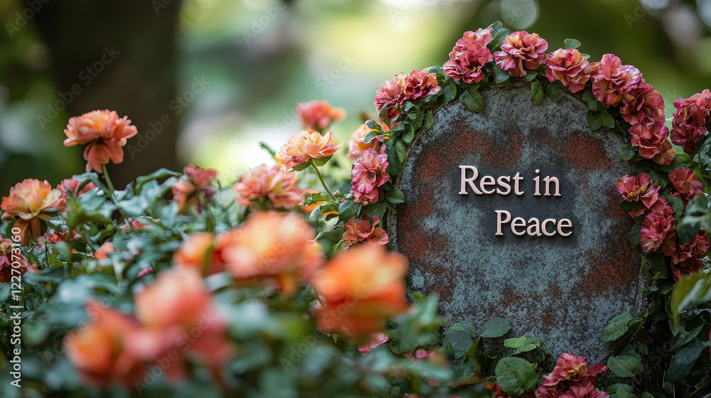 Weathered gravestone reading 'Rest in Peace' surrounded by pink and orange roses in a garden setting