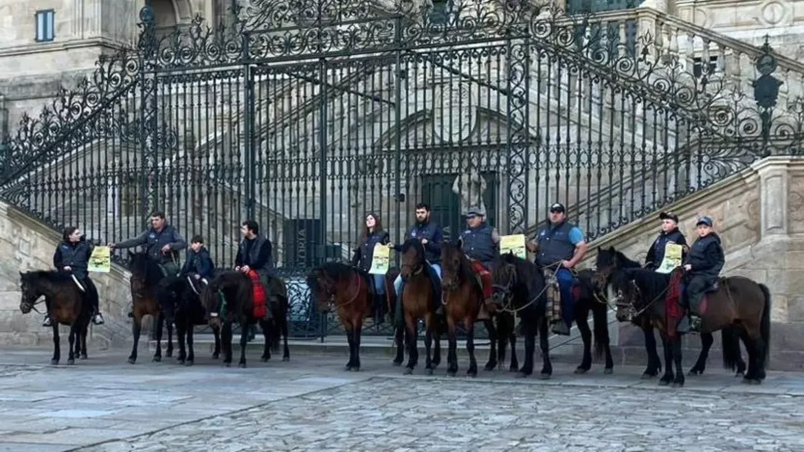 A line of people on horseback holding yellow posters in front of an ornate iron gate at a historic building.
