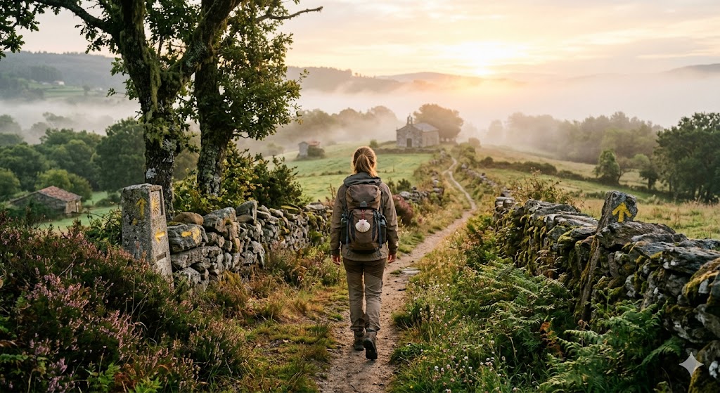 Hiker with backpack walking along a stone-walled country path at sunrise with misty fields ahead.