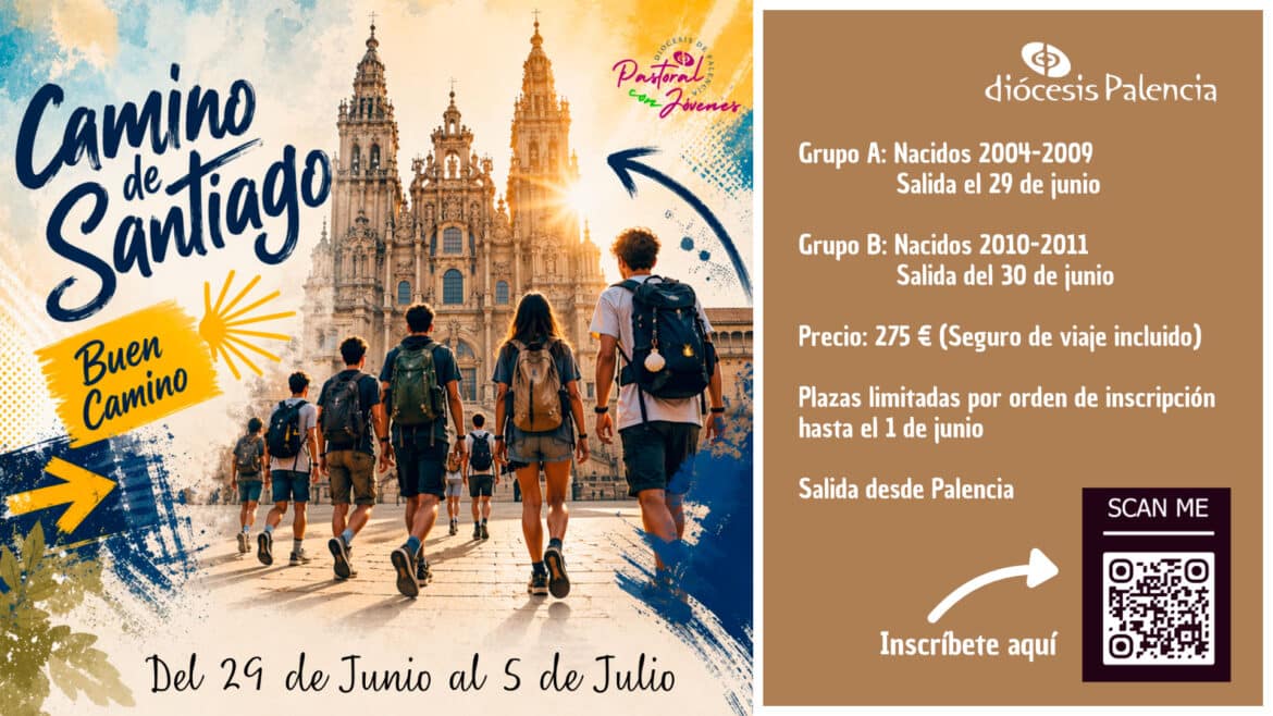Poster advertising a Camino de Santiago youth walk; shows hikers with backpacks approaching a cathedral with blue–yellow artistic graphics on a bright background.
