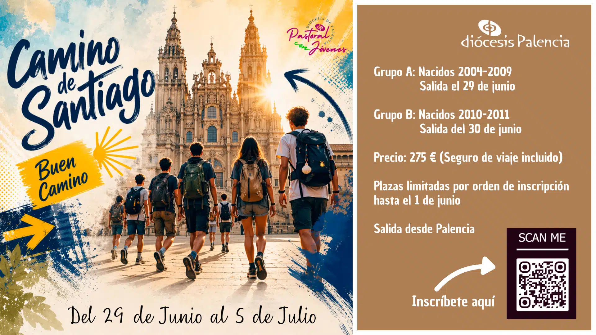 Poster advertising a Camí de Santiago youth walk; shows hikers with backpacks approaching cathedral with blue–yellow artistics graphics on bright background.