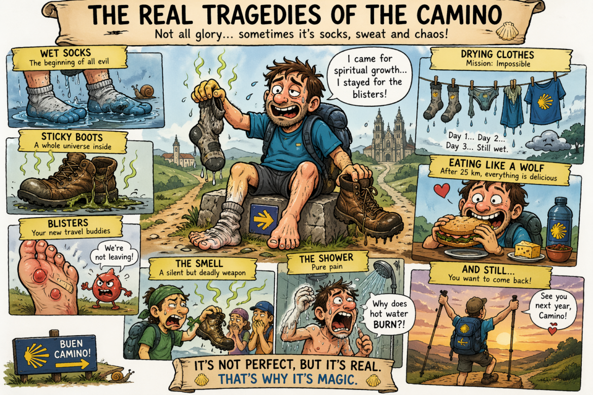 Compilation panel showing the hardships of the Camino: wet socks, blisters on feet, sticky boots, drying clothes, and a hiker resting with worn shoes in a sunny landscape.
