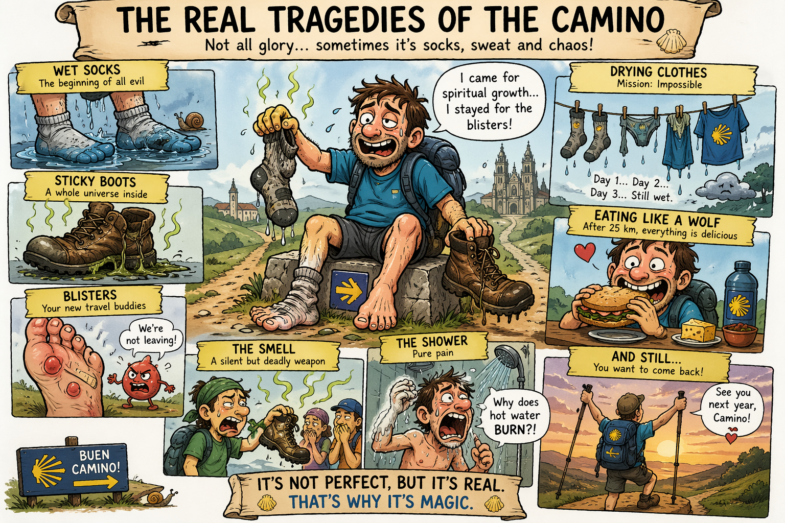 Compilation panel showing the hardships of the Camino: wet socks, blisters on feet, sticky boots, drying clothes, and a hiker resting with worn shoes in a sunny landscape.