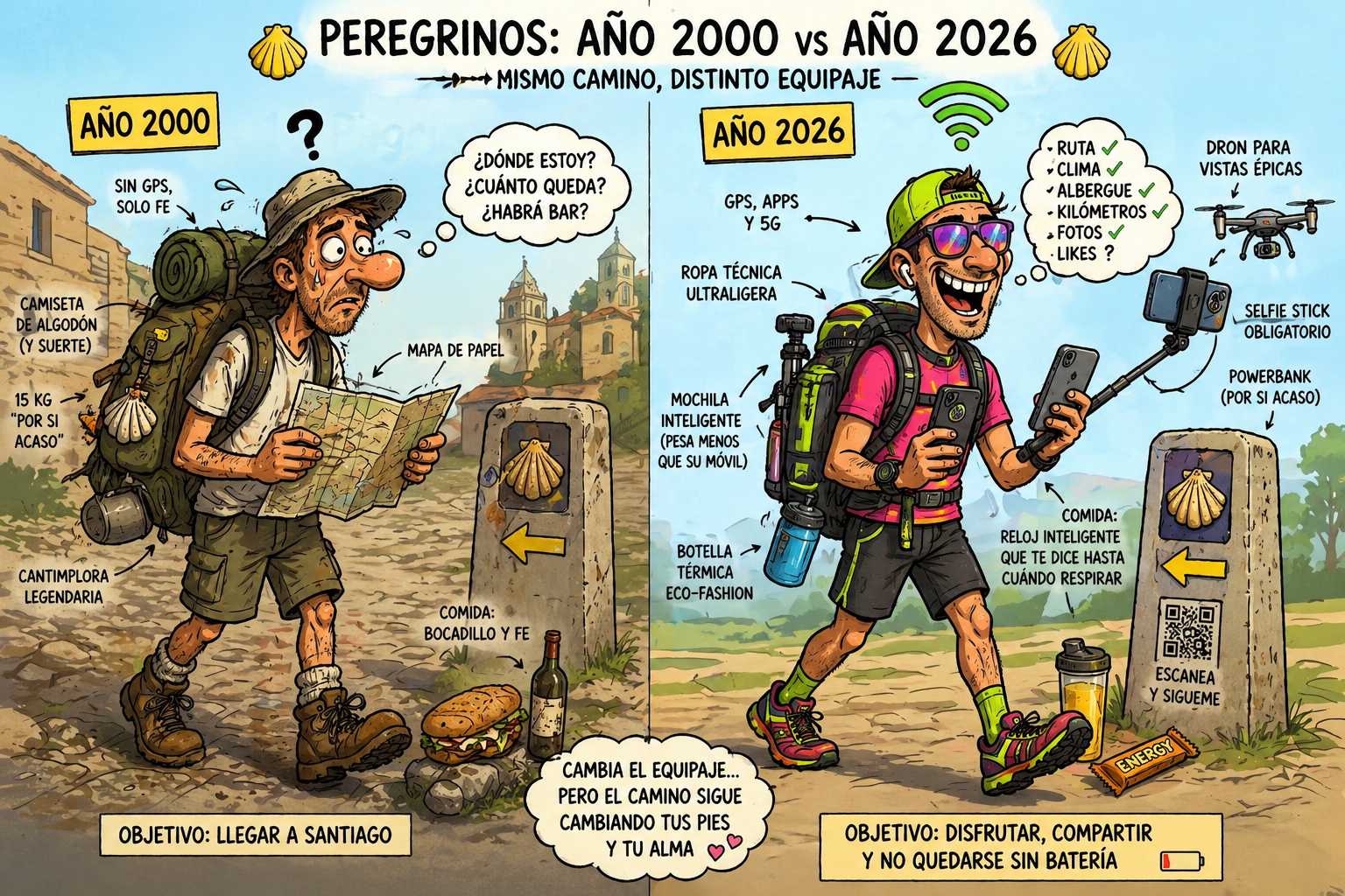 Two hikers split by a wall: 2000 traveler with map and heavy gear on the left, 2026 traveler with smart backpack and phone on the right, illustrating evolution of gear for a Camino pilgrimage.