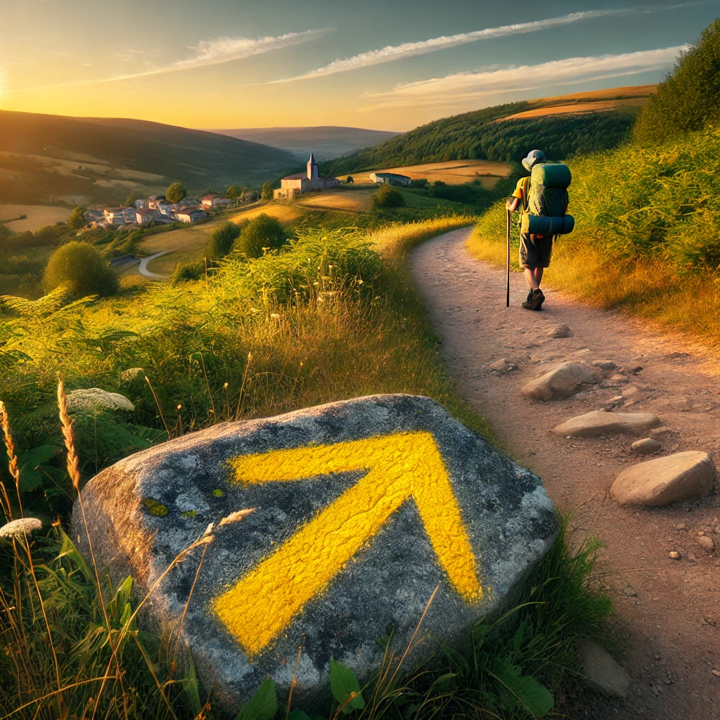Hiker with large backpack walking a sunlit dirt trail; a yellow arrow on a rock marks the trail.