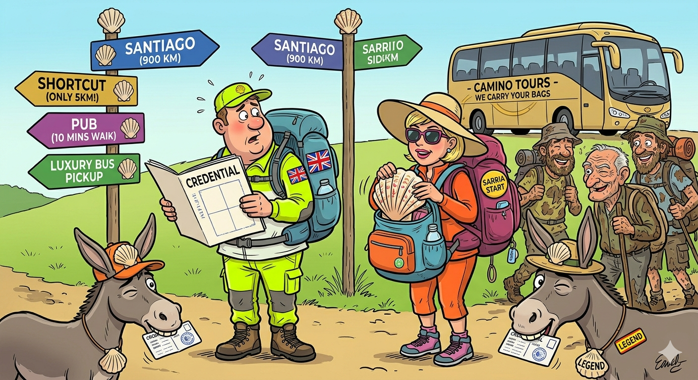 Cartoon hikers at a signpost with routes to Santiago and other destinations, donkeys wearing hats nearby, sunlit rural trail.