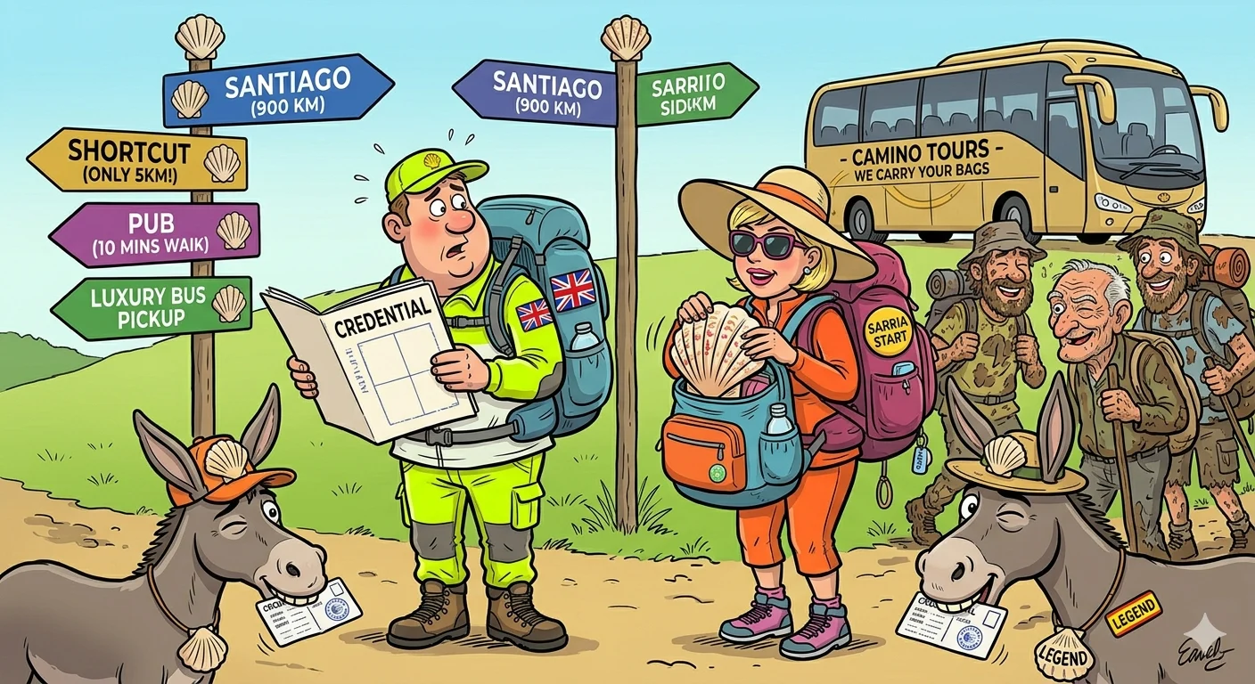 Cartoon hikers at a signpost with routes to Santiago and other destinations, donkeys wearing hats nearby, sunlit rural trail.