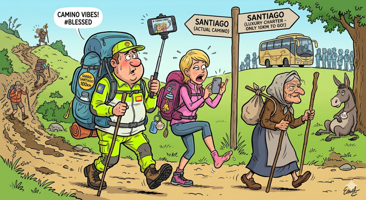 Hikers on a countryside trail toward Santiago: a man with a large backpack leads, a woman films with her phone, and an elderly woman walks with a stick.