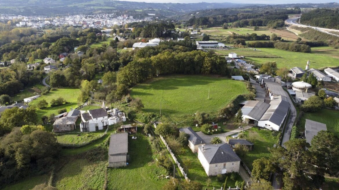 Aerial view of a rural village with green fields, trees, and cluster of farm buildings along a road.