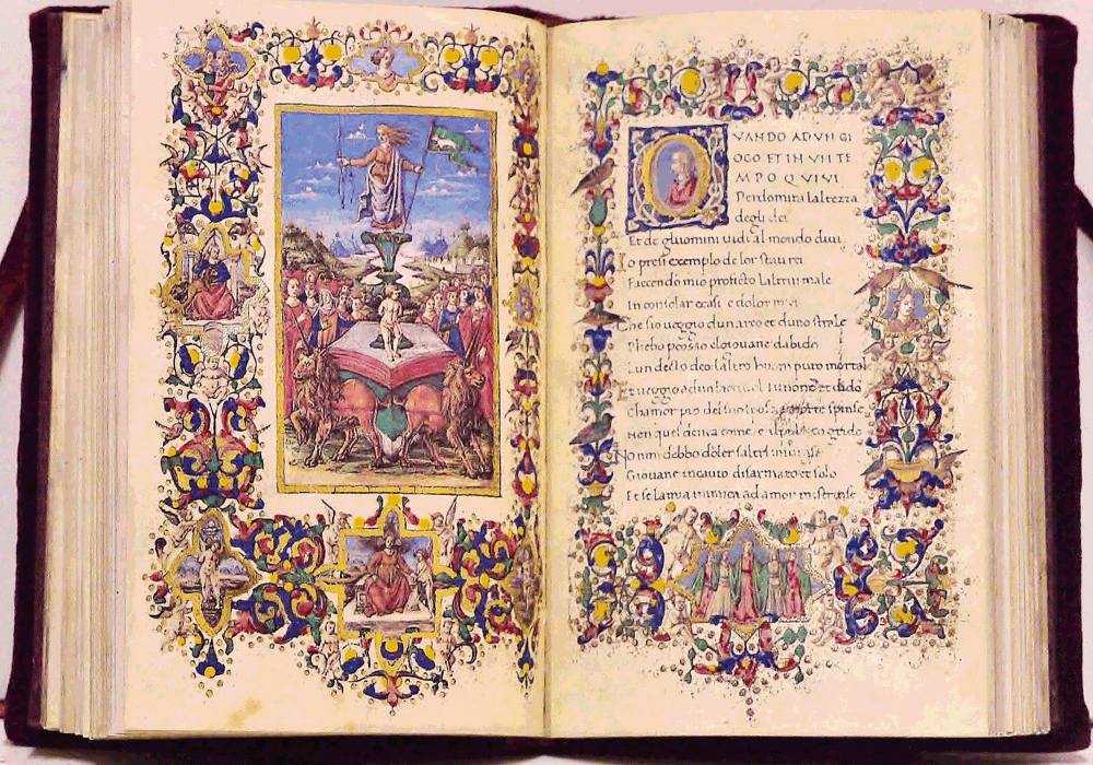 Open illuminated manuscript with bright floral borders; left page depicts a central scene atop a book, right page shows text framed by decorative margins.