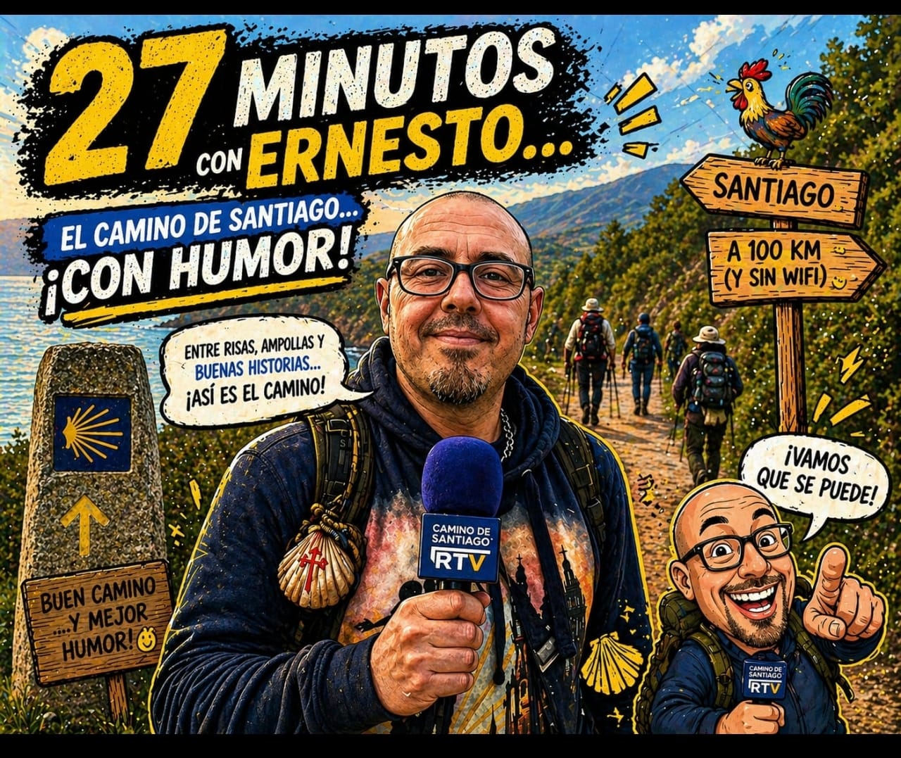 Cartoon-style presenter on the Camino de Santiago holding a microphone, with travel hikers in the background and comic captions about humor.