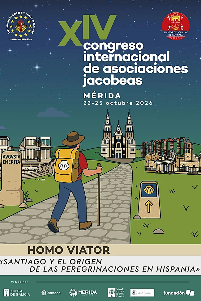 Poster announcing XIV Congreso Internacional de Asociaciones Jacobeas en Mérida, 22–25 octubre 2026, con peregrino caminando junto a hitos históricos.