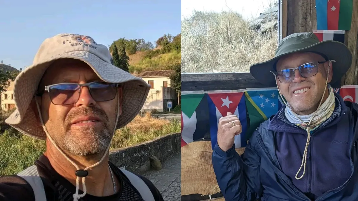 Two photos of a man in a wide-brim hat and sunglasses: left in a sunny village, right at a wooden structure with colorful flags in the background.