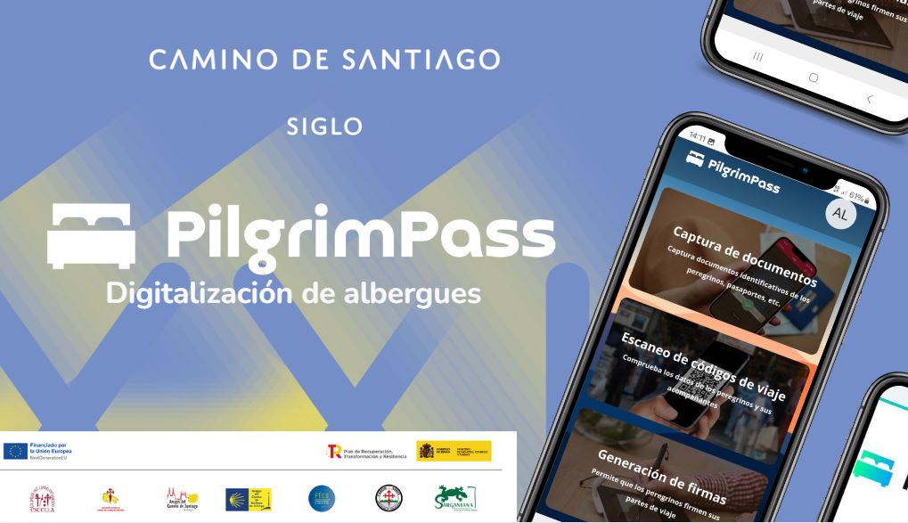Promotional banner for PilgrimPass app enabling hostel digitization on the Camino de Santiago, with mobile screens visible.