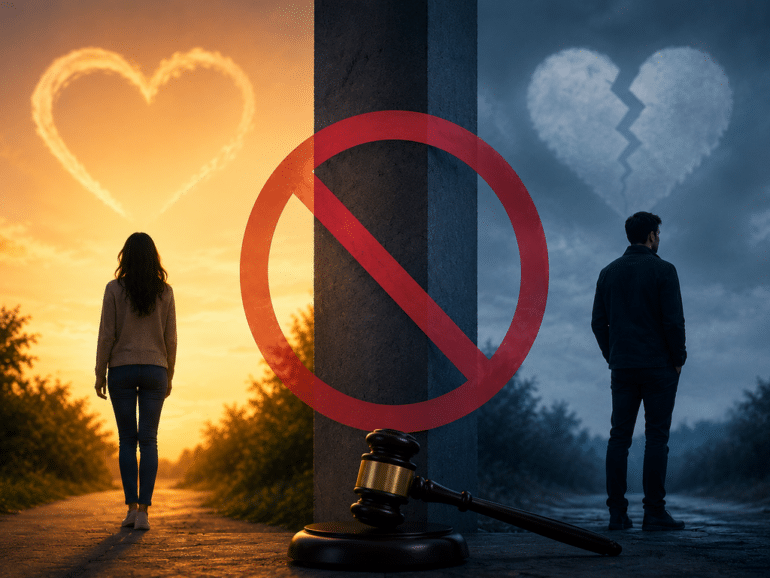 Two people stand apart on opposite sides of a concrete divider, with a red no symbol overlay, a gavel at the base, and hearts in the sky suggesting breakup or divorce.