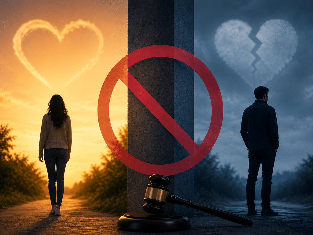 Two people stand apart on opposite sides of a concrete divider, with a red no symbol overlay, a gavel at the base, and hearts in the sky suggesting breakup or divorce.