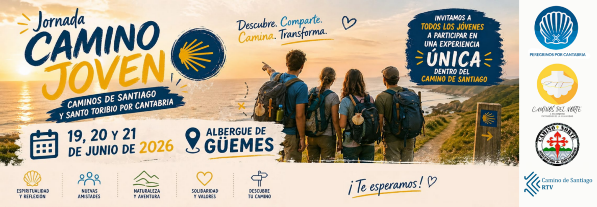 Group of young hikers with backpacks at sunset, promoting the Caminos de Santiago youth event in Cantabria, June 19–21, 2026, Güemes albergue.