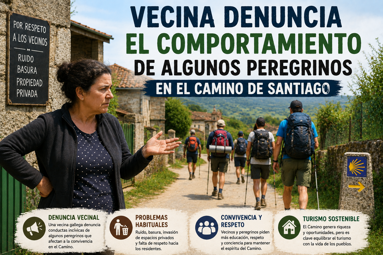 Hikers walk along a rural path under a large banner that reads 'Vecina denuncia el comportamiento de algunos peregrinos en el Camino de Santiago'; a concerned woman gestures on the left.