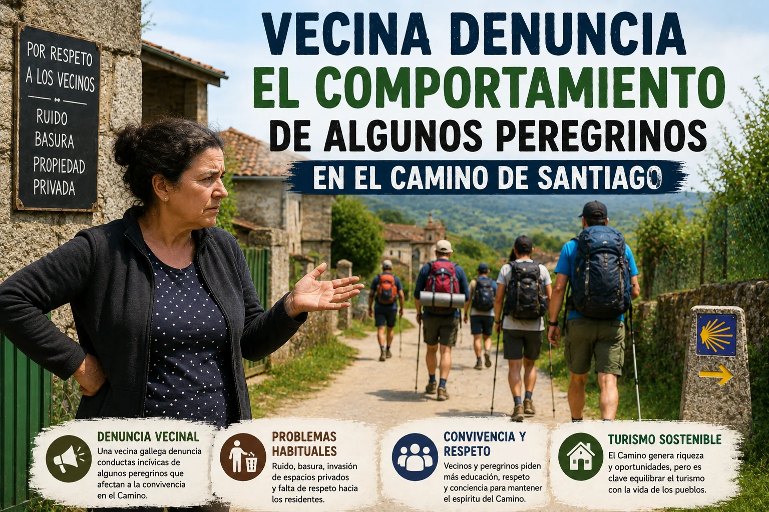 Os caminhantes percorrem um caminho rural sob uma grande faixa onde se lê “Vizinho denuncia comportamento de alguns peregrinos no Caminho de Santiago”; uma mulher preocupada gesticula para a esquerda.