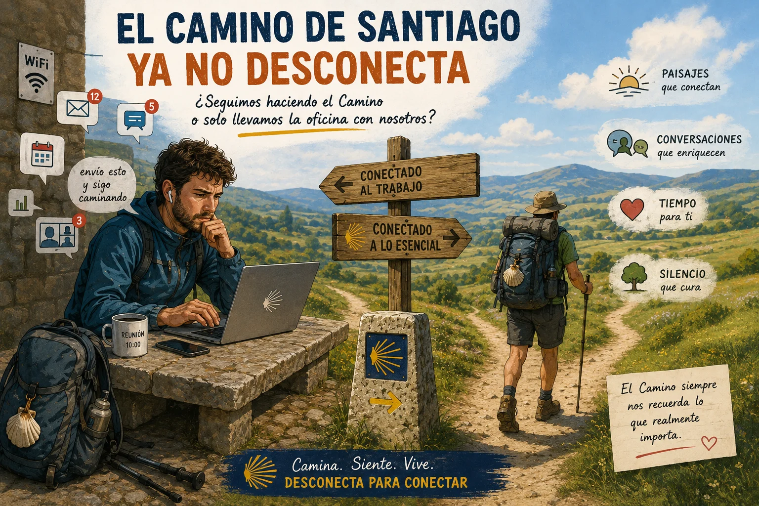Scena di un escursionista sul Cammino di Santiago: un uomo seduto a un tavolo di pietra con un laptop accanto a uno zaino e un altro escursionista con un grande zaino vicino ai cartelli con la scritta "Connesso al lavoro" e "Connesso alle cose essenziali".