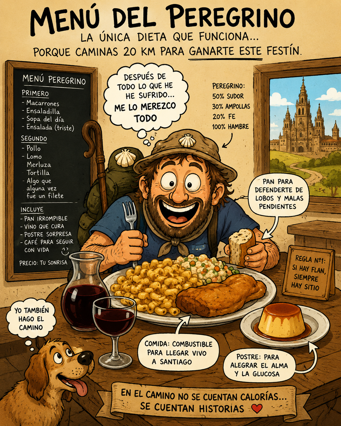 Cartoon of a smiling pilgrim at a rustic tavern table with a huge plate of food, bread, wine, and a dog nearby; a chalkboard menu and speech bubbles surround him.