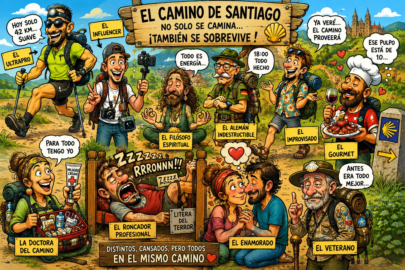 Colorful cartoon of hikers on the Camino de Santiago, each character labeled with humorous roles (La Doctora del Camino, El Veterano, etc.) around a central wooden sign reading El Camino de Santiago and ¡También se sobrevive!