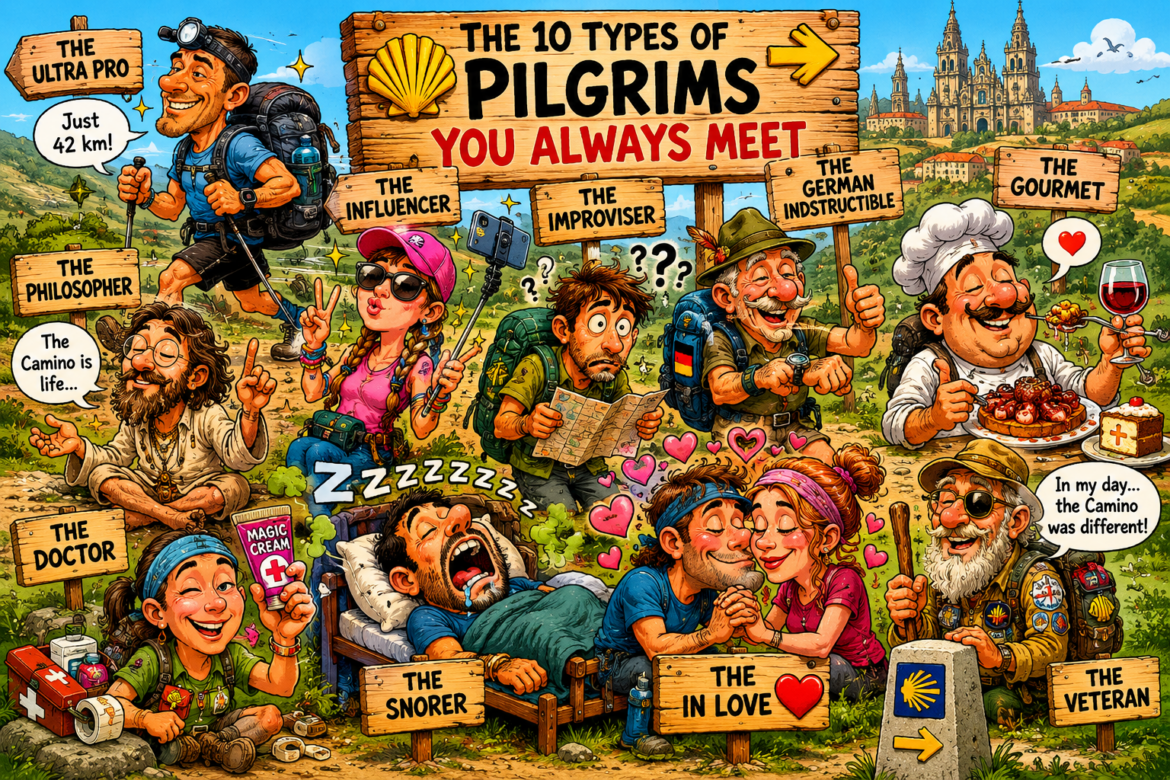 Colorful cartoon of 10 traveler archetypes with signs like The Ultra Pro, The Influencer, The Gourmet, and The Veteran on a sunny trail.
