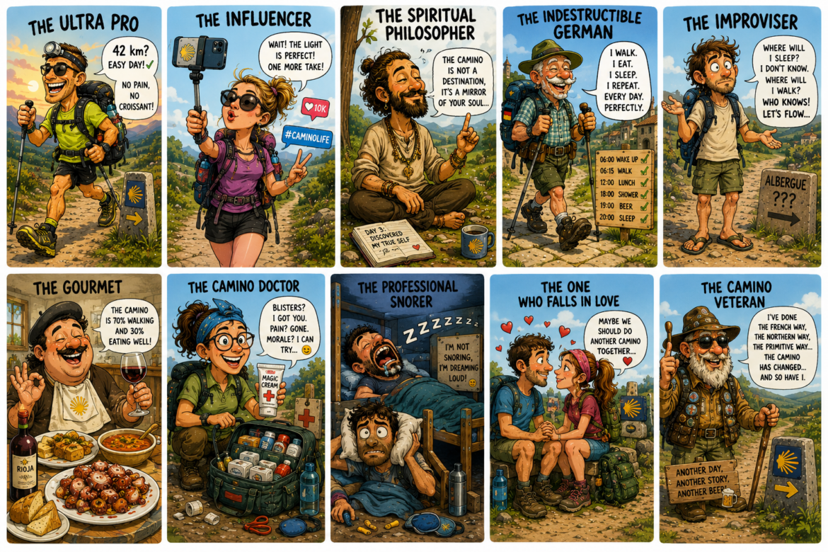 Twelve-panel cartoon collage of Camino de Santiago travelers—comical archetypes like The Ultra Pro, The Influencer, The Spiritual Philosopher, The Indestructible German, The Improviser, and others, each panel showing humorous pilgrim personalities and signs.