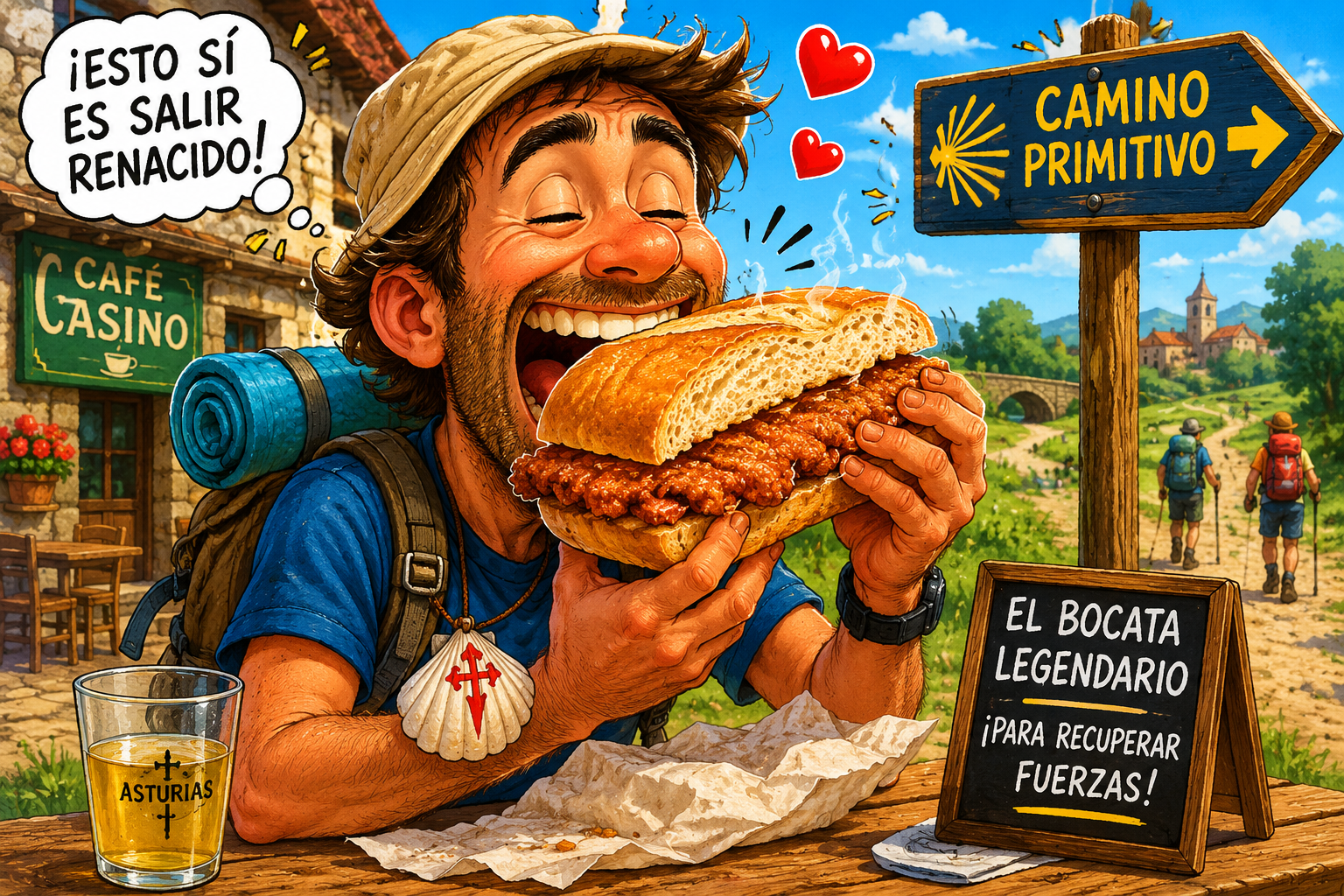 Joyful cartoon hiker with backpack bites into a giant sandwich at a rustic outdoor cafe; signs read Camino Primitivo and 'El bocata legendario...'; a glass labeled Asturias sits nearby.