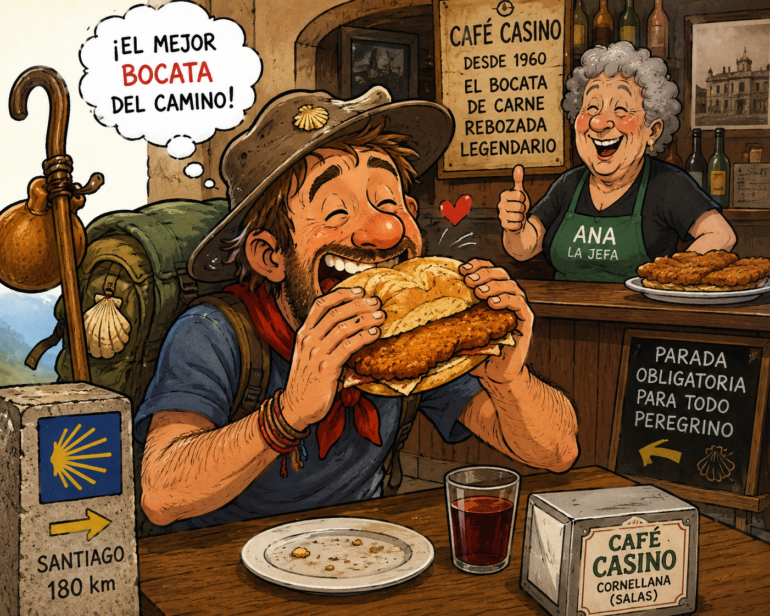 Man with backpack happily bites into a large sandwich at a rustic cafe, sign says ‘El mejor bocata del camino’ (Spain).