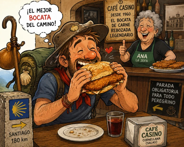 Man with backpack happily bites into a large sandwich at a rustic cafe, sign says ‘El mejor bocata del camino’ (Spain).