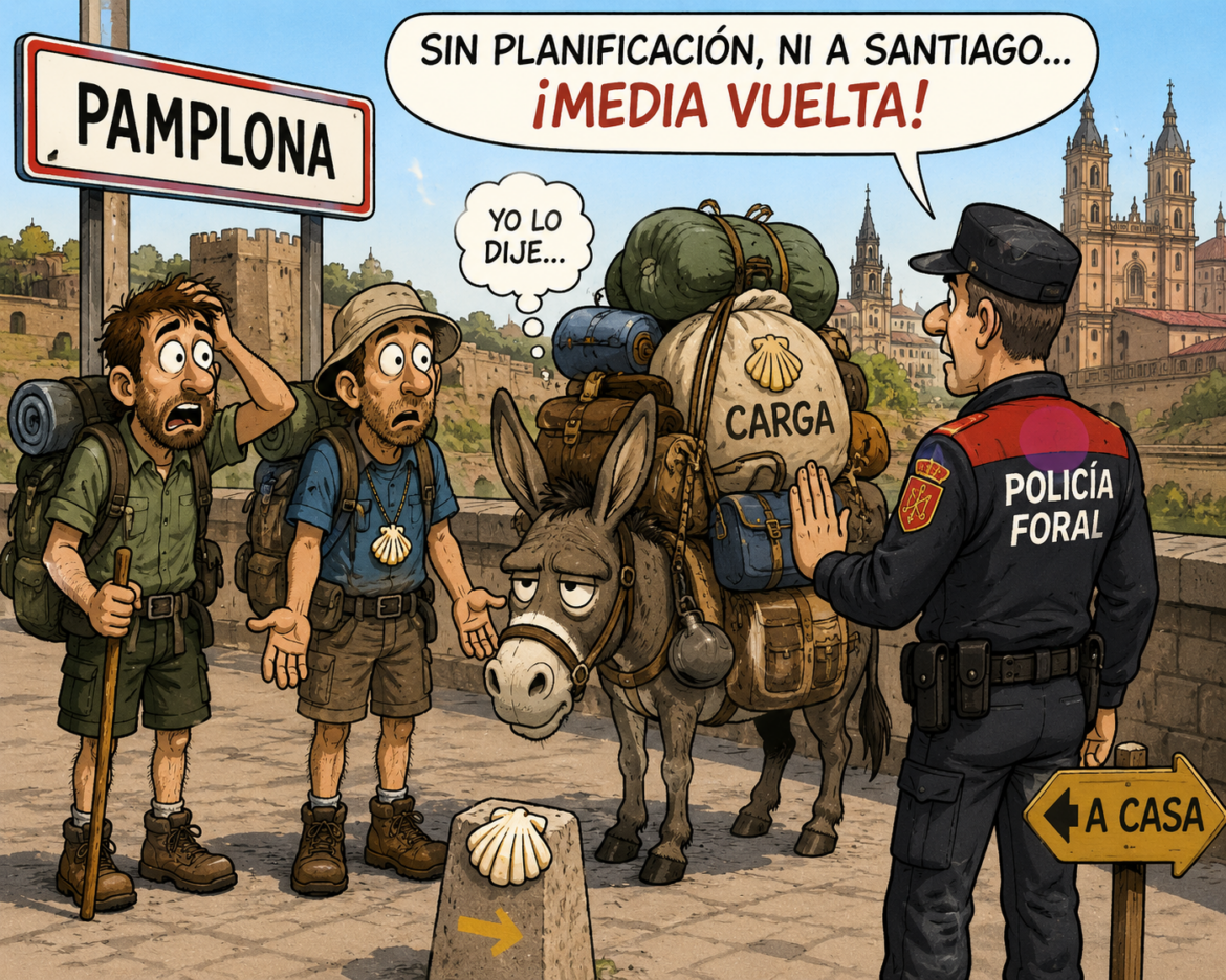 Cartoon of Pamplona travelers with a heavily loaded donkey facing a Policía Foral officer; caption reads 'Sin planificación, ni a Santiago... ¡Media vuelta!'