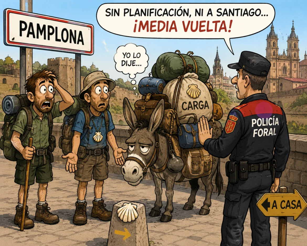 Cartoon of Pamplona travelers with heavily loaded donkey facing a Policia Foral officer; caption reads 'Sense planificació, ni a Santiago... Mitja tornada!'