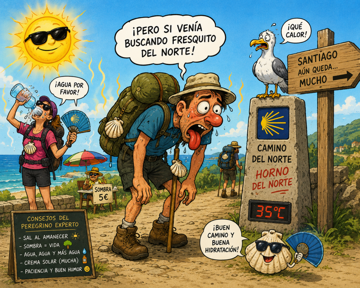 Hikers on a hot coastal trail with a sweating pilgrim toward the Camino del Norte sign, 35°C on a stone marker.