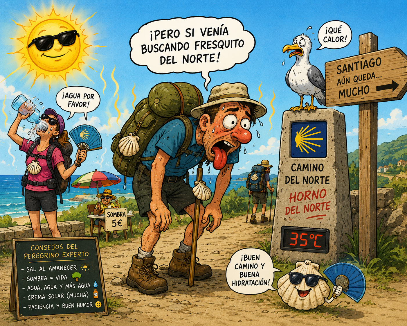 Hikers on a hot coastal trail with a sweating pilgrim toward the Camino del Norte sign, 35°C on a stone marker.