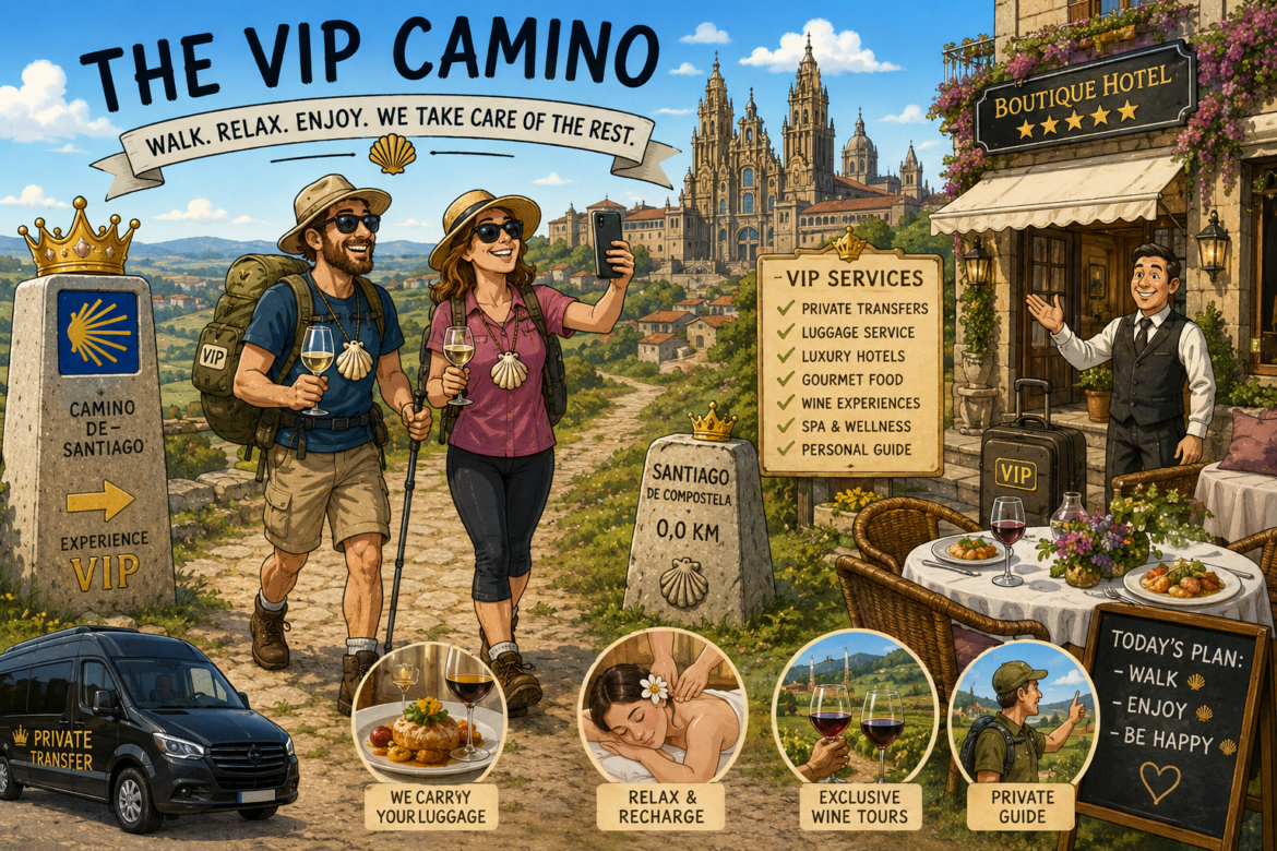 Couple pilgrims on the Camino de Santiago stop to take a selfie, with a VIP services sign advertising private transfers, luggage service, and luxury hotels in the background.