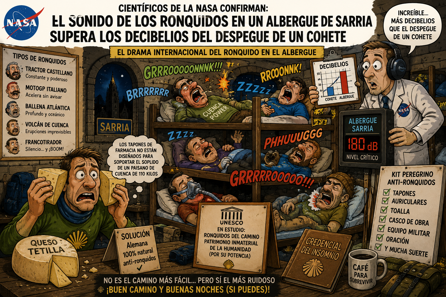 Ilustración satírica en español sobre ronquidos: científicos y personas dormidas en un albergue, con gráficos de decibeles, paneles de tipos de ronquidos y un kit anti-ronquidos.