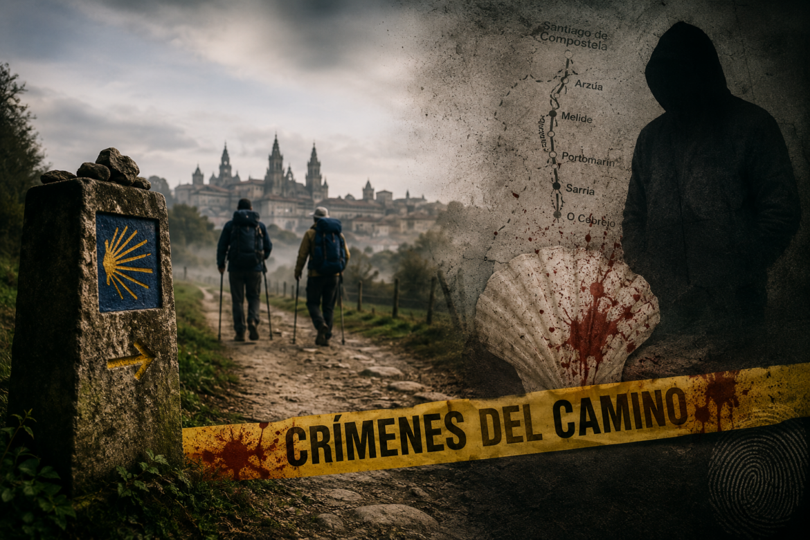Two hikers walk along the Camino de Santiago path toward a distant cathedral town, with a shell marker and a crime-mystery montage on the right, including a hooded figure and a blood-splattered banner that reads 'CRÍMENES DEL CAMINO'.