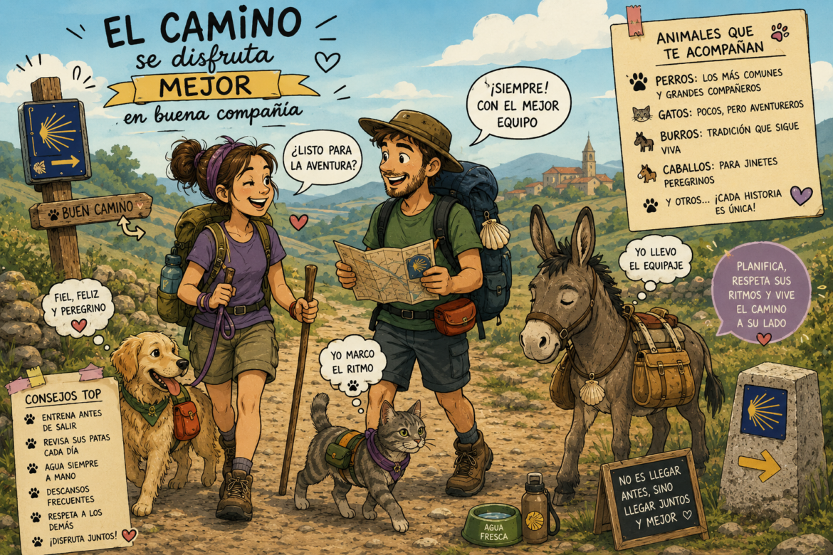 Pareja de excursionistas con mochilas y sus perros y un gato en un sendero, junto al cartel que dice ‘El camino se disfruta mejor en buena compañía’.
