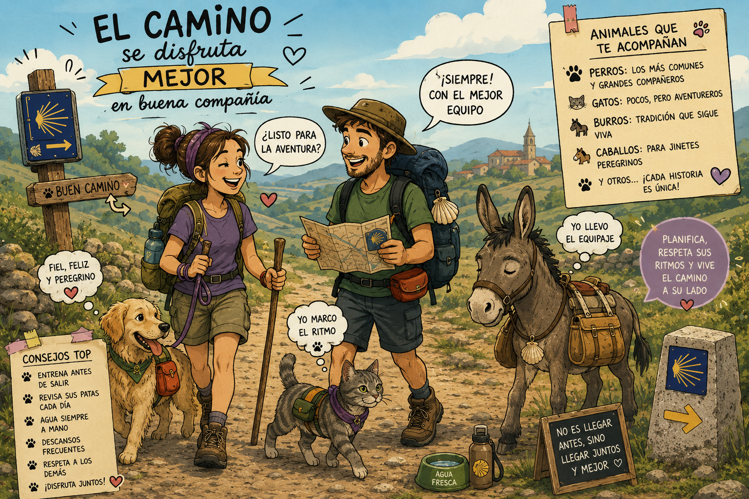 Pareja de excursionistas con mochilas y sus perros y un gato en un sendero, junto al cartel que dice ‘El camino se disfruta mejor en buena compañía’.