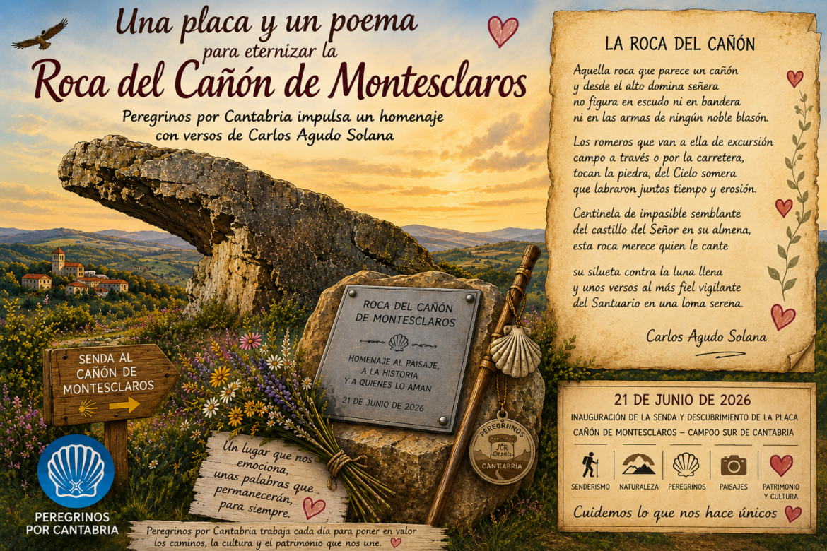 Poster advertising Roca del Cañón de Montesclaros with a large rock arch, sunset landscape, and a poem panel on the right.