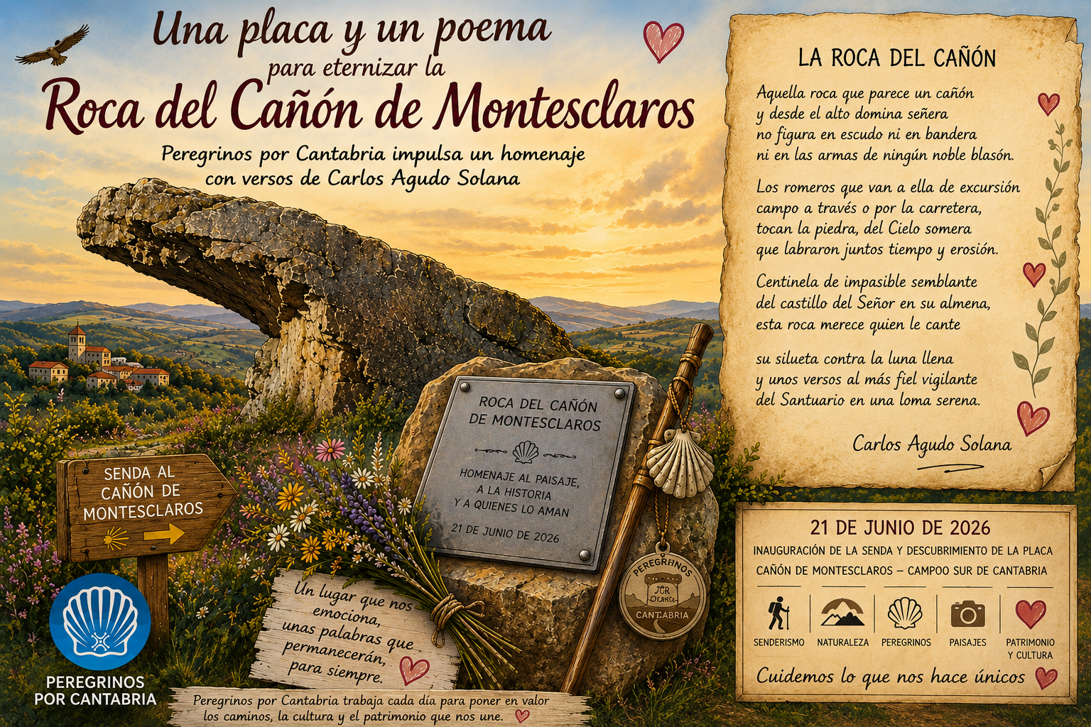 Poster advertising Roca del Cañón de Montesclaros with a large rock arch, sunset landscape, and a poem panel on the right.