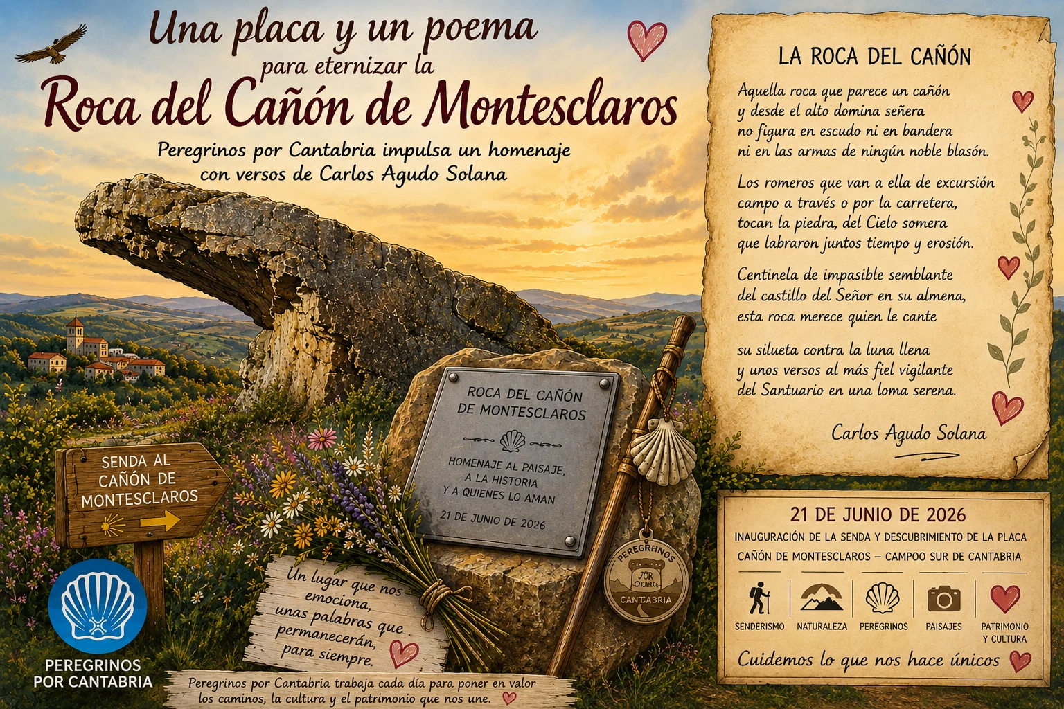 Werbeplakat für Roca del Cañón de Montesclaros mit einem großen Felsbogen, einer Sonnenuntergangslandschaft und einer Gedichttafel auf der rechten Seite.
