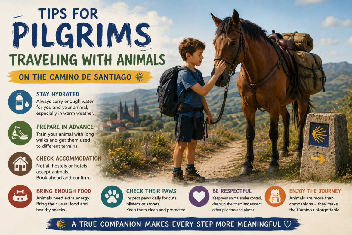 Poster introducing tips for pilgrims traveling with animals, featuring a boy with a horse along the Camino de Santiago.