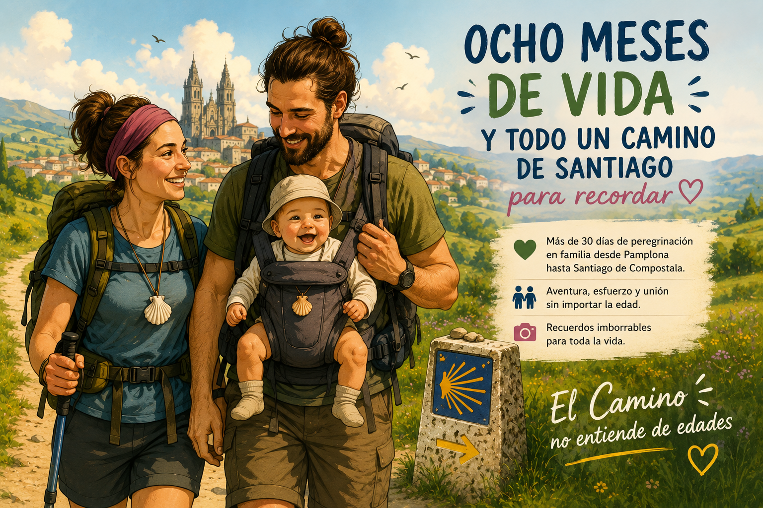 Couple with a baby in a front carrier hike along the Camino de Santiago, smiling at each other with a scenic village behind.