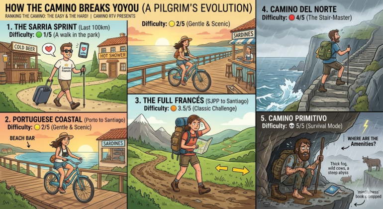Five-panel infographic about Camino routes: travelers cycling or hiking with route names and difficulty levels shown in each panel.